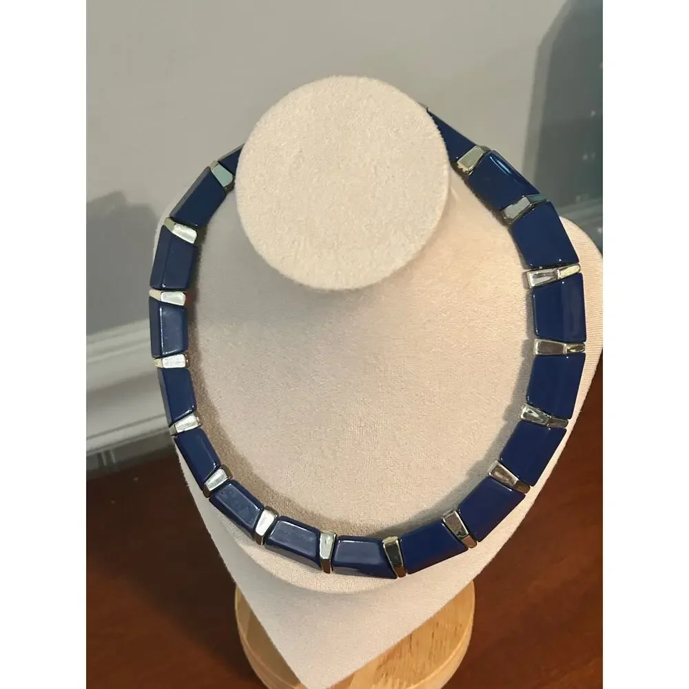 Vintage Cobalt Blue Lucite Panel Collar Necklace Gold Tone Mid Century Retro